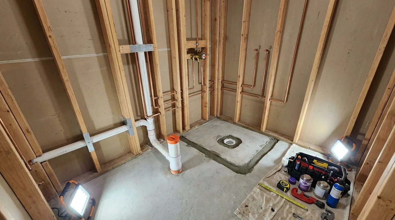 Bathroom rough-in plumbing during remodel by Johns Plumbing LLC in Loudon