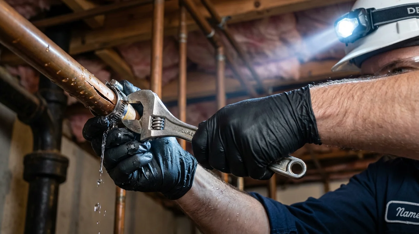 Emergency pipe clamp repair being performed by a Johns Plumbing LLC plumber in Loudon