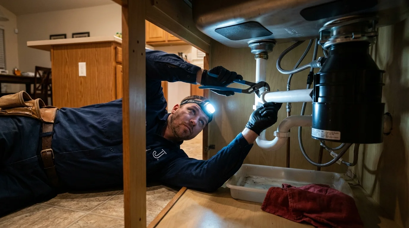P-trap and supply line connections under a kitchen sink showing a common leak point in Loudon, TN